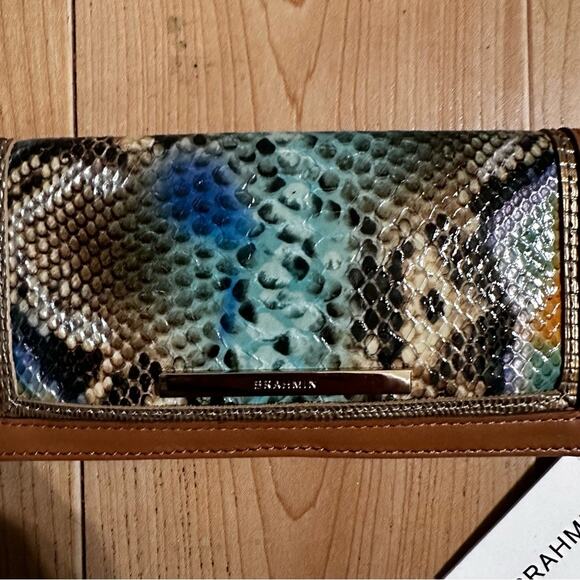 NWT Brahmin Mineral Blue Python Snake Print Carmel Leather Wallet NEW - Picture 3 of 8
